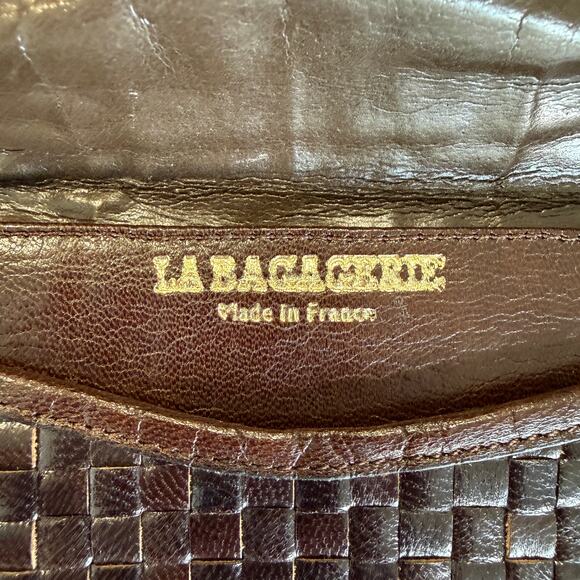 La Bagagerie Brown Woven Leather Envelope Clutch Handbag France Classic Chic - Picture 10 of 13